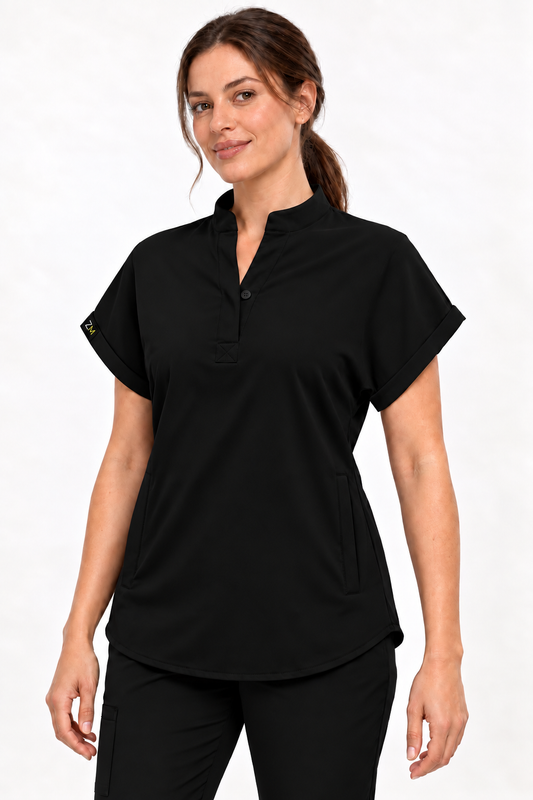 ZIRAMED Women's Mandarin Collar Scrub Top-Jet Black