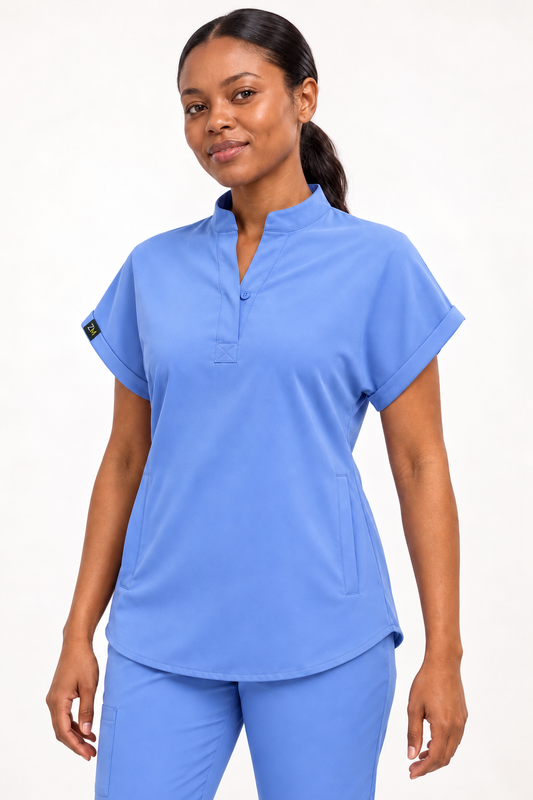 ZIRAMED  women's Mandarin Collar Scrub Top-Ceil Blue
