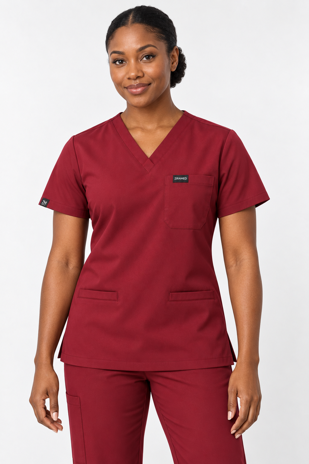 ZIRAMED Three-Pocket V-Neck Scrub Top – Burgundy