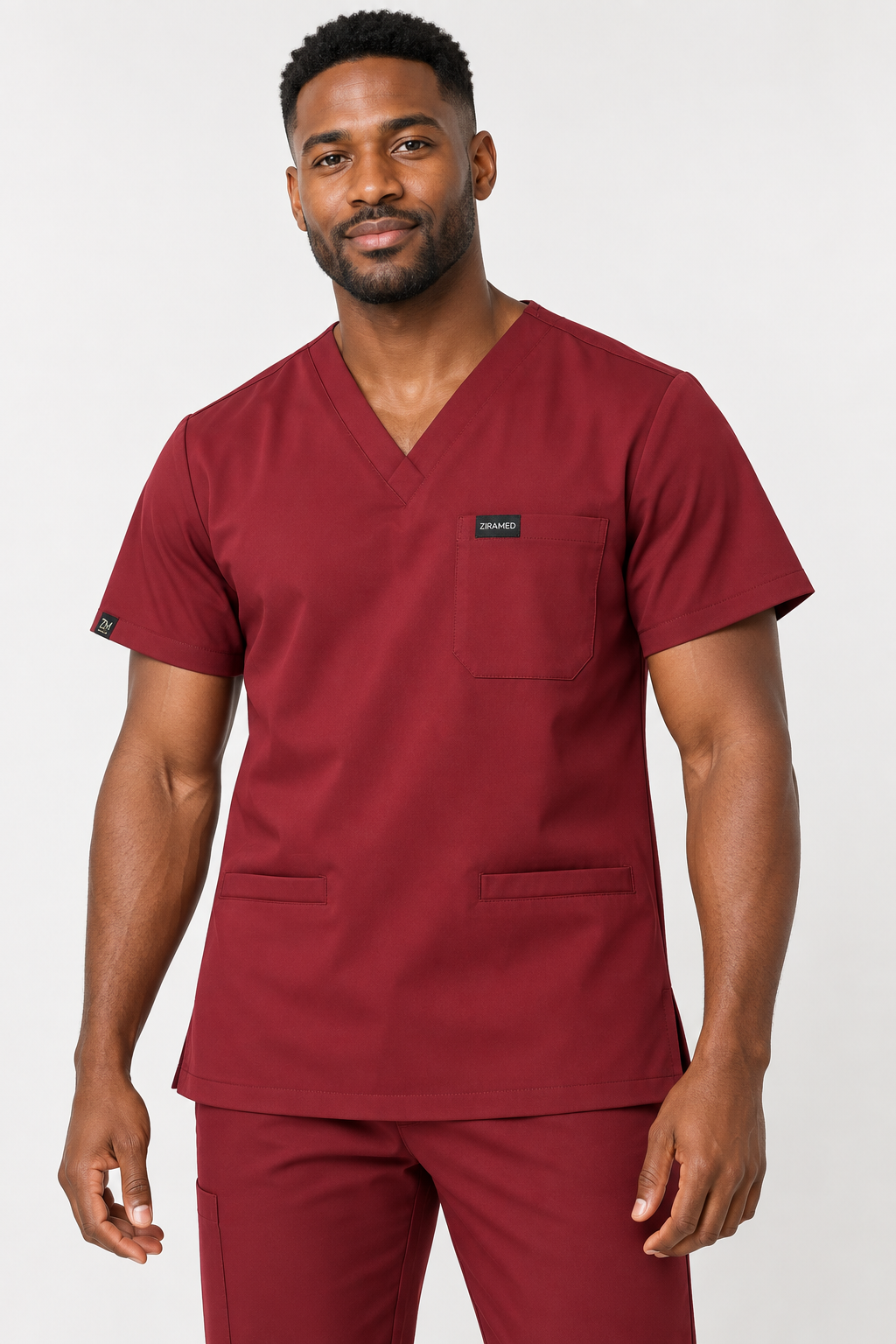 ZIRAMED Three-Pocket V-Neck Scrub Top – Burgundy